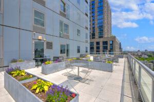 Exterior rooftop bistro tables, concrete garden planter boxes, view of surrounding buildings and skyline.