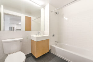 Interior Unit Bathroom, slate tile floor, large mirrored vanity, bathtub/shower, light brown cabinets.